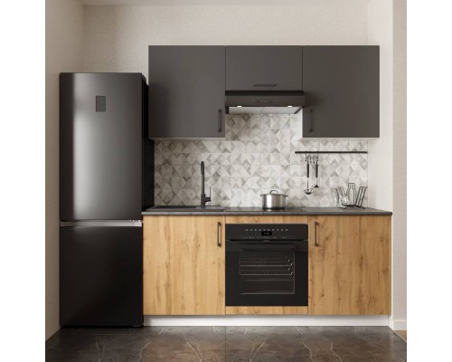 Кухонный гарнитур Domaci Болонья 180 см, фасад дуб вотан, графит, ручка черная, столешница луна KUH-767415