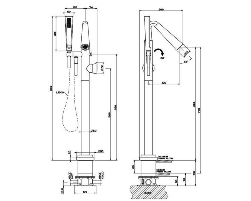 Gessi Cono Смеситель для ванны, напольный, с ручным душем и шлангом 150см., внешняя часть, цвет: Black Metal PVD. 45028#706