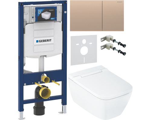 Комплект Умный подвесной Geberit AquaClean Sela Square безободковый, с биде, белый + Инсталляция Duofix UP 320 111.300.00.5 + Кнопка Sigma 70 115.622.QB.1 красное золото + Звукоизоляция 156.050.00.1 + Крепления 111.815.00.1 к стене