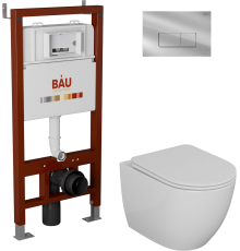 Комплект Унитаз подвесной Bauedge Bau Dream безободковый, с микролифтом + Инсталляция Bau Pro + Кнопка Hotel, хром