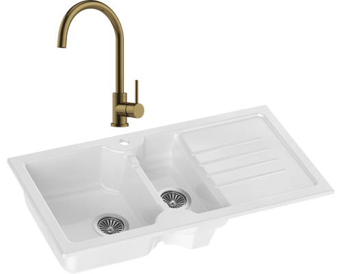 Комплект Мойка кухонная Domaci Сиена 54100-101 белый глянец + Смеситель Равенна DCB 3004 золото