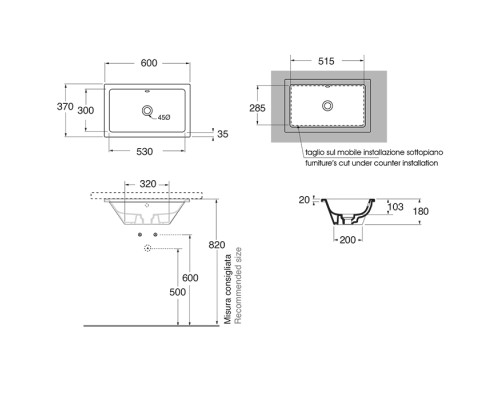 AZZURRA Built-In Раковина 60х37см, встраиваемая под столешницу, без отв., цвет: белый глянцевый. DULT06037T00BI