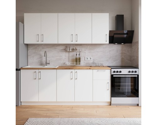 Кухонный гарнитур Domaci Болонья 260 см, фасад белый, ручка хром, столешница дуб вотан KUH-1008127