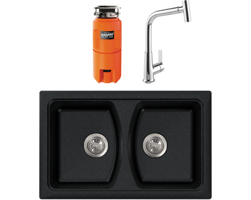 Комплект Мойка кухонная FOSTO КМ 79-50 обсидиан + Смеситель MEGA Life MG-TK06 хром + Измельчитель Omoikiri Nagare slim 500