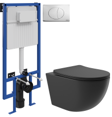 Комплект Унитаз подвесной Aqueduto Ovo OVO0140 безободковый, с микролифтом, черный матовый + Инсталляция STWORKI 510162 + Кнопка 230822 хром глянцевый