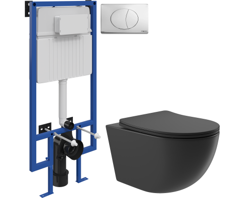 Комплект Унитаз подвесной Aqueduto Ovo OVO0140 безободковый, с микролифтом, черный матовый + Инсталляция STWORKI 510162 + Кнопка 230822 хром глянцевый