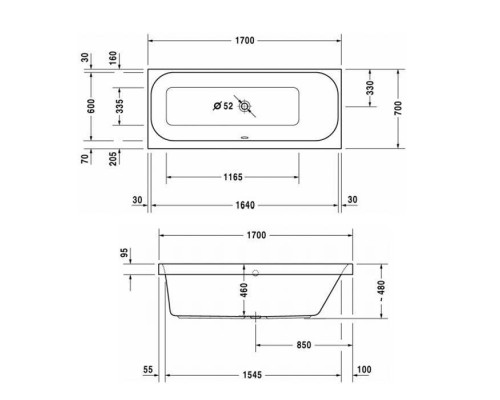 Duravit Happy D.2 Ванна акриловая  170х70x48см, прямоугольная .встраиваемая  версия , с наклоном для  спины справа, цвет: белый. 7912210000001000,  700311000000000