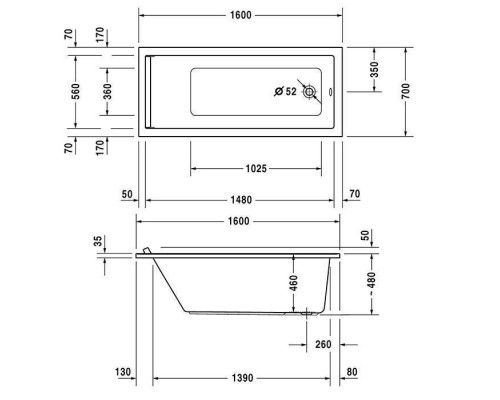 Duravit Starck Ванна 160x70х48см., встраиваемая, акрил, цвет: белый. 700333000000000