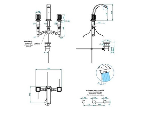 THG Meacute;tropolis cristal clair Смеситель для раковины на 3 отверстия, ручки с подсветкой, с донным клапаном, цвет: хром. A2A-A02-151LED