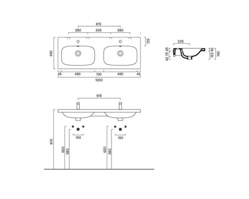 Catalano Alvea Раковина двойная 120х46см., подвесная или на мебель, без отв., цвет: белый глянцевый. 0621220001