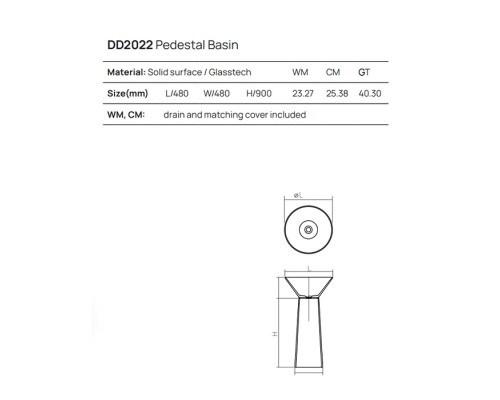 Dea Design Pedestal Basin Раковина 48х48х90см., напольная, без отв., Solid Surface, цвет: White №18. DD2022 480 18