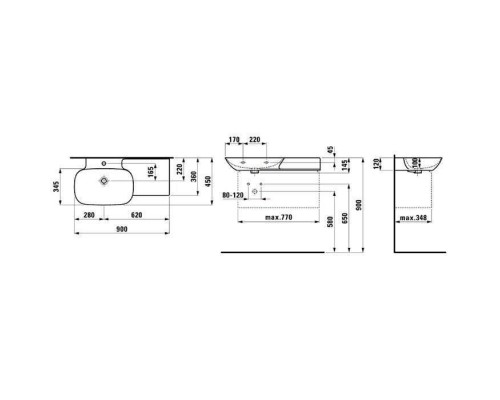Laufen INO Раковина 90х45х12см., накладная, 1 отв., полка справа, цвет: белый глянец. 8.1330.2.000.104.1