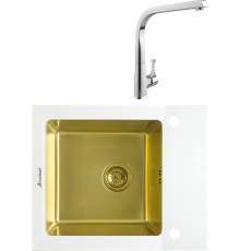 Комплект Мойка Seaman Eco Glass SMG-610W-Gold + Смеситель MEGA Mega