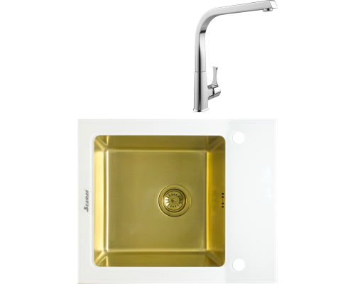 Комплект Мойка Seaman Eco Glass SMG-610W-Gold + Смеситель MEGA Mega