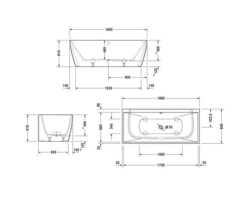 Duravit Vitrium Ванна пристенная 180x80см, с ножками, с2 наклонами для спины, прямоугольная, цвет: матовая корица. 700429HC
