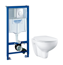 Комплект Унитаз подвесной Grohe Bau Ceramic 39351000 безободковый, альпин-белый + Инсталляция Rapid SL 38721001 3 в 1 с кнопкой смыва