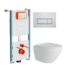 Комплект Унитаз подвесной Teymi Lina Pro T40106 с микрофлитом, безободковый, белый + Инсталляция VitrA V-Fix Core 732-5800-01PV + Кнопка Root Square 740-2380 хром