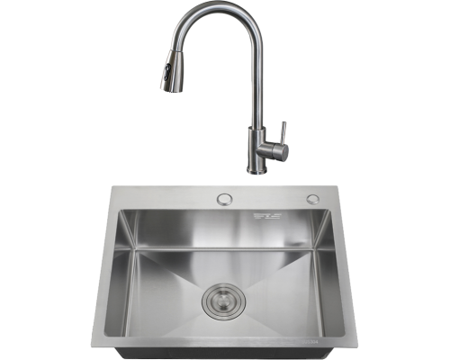 Комплект Мойка кухонная РМС MR-5843 c корзиной и дозатором, нержавеющая сталь + Смеситель SUS124-017F-2 сталь