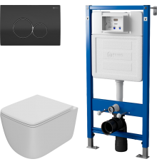 Комплект Унитаз подвесной Point Меркурий PN41831WM белый матовый, безободковый, с микролифтом + Инсталляция PN45122 с контейнером для гигиенических таблеток + Кнопка Виктория PN44061BC черная, хром