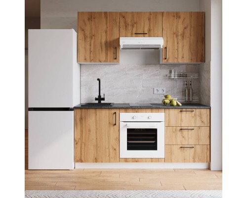 Кухонный гарнитур Domaci Болонья 180 см, фасад дуб вотан, ручка черная, столешница луна KUH-767449