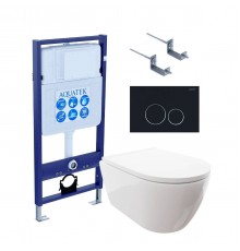 Комплект Унитаз подвесной AQUATEK Поларис AQ0700-00 безободковый, с микролифтом + Инсталляция Standard INS-0000012 + Комплект креплений KKI-0000002 + Кнопка KDI-0000020 черный матовый