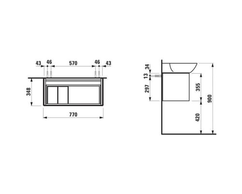 Laufen INO Тумба подвесная 77х35х35см, с раковиной (полка справа), с 1 выдвижным ящиком, цвет: белый матовый. 4.2540.1.030.170.1,  8.1330.2.000.104.1