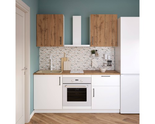 Кухонный гарнитур Domaci Болонья 180 см, фасад белый, дуб вотан, ручка черная, столешница дуб вотан KUH-767494