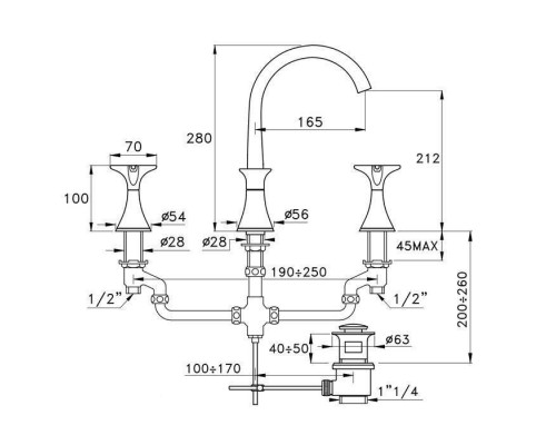 Stella 130 Смеситель для раковины на 3 отверстия 3225, с донным клапаном, цвет: хром. CT 00015 CR00