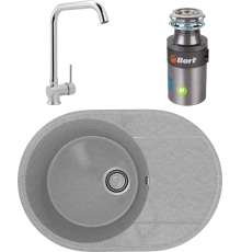 Комплект Мойка кухонная Practik PR-M 610-003 светло-серая + Смеситель MEGA Didim MG-CM107 хром + Измельчитель Bort Titan 4000 Plus
