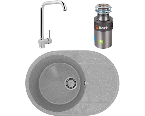 Комплект Мойка кухонная Practik PR-M 610-003 светло-серая + Смеситель MEGA Didim MG-CM107 хром + Измельчитель Bort Titan 4000 Plus
