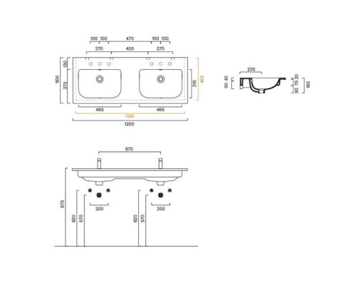 Catalano Italy Раковина двойная 125х50см, без отв., цвет: белый глянцевый. 0721270001