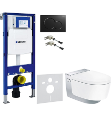 Комплект Унитаз подвесной Geberit AquaClean Mera Comfort 146.214.21.1 с системой удаления запахов, глянцевый хром + Крепления Duofix 111.815.00.1 к стене + Шумоизоляция 156.050.00.1 + Инсталляция UP 320 111.300.00.5 + Кнопка Sigma 01 115.770.DW.5 черная