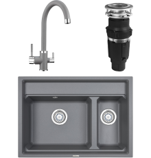 Комплект Мойка кухонная Granula Kitchen Space 7302, алюминиум + Смеситель 2168, алюминиум + Измельчитель Bone Crusher BC 610-AS