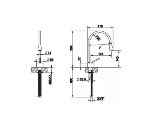 Gessi Goccia Смеситель для раковины на 1 отверстие, излив 174мм R=90, с фиксированным носиком, цвет: black XL. 33802#299