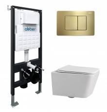 Комплект Abber Rechteck AC1201-AC0105-AC0120MMG, Унитаз подвесной безободковый, с микролифтом + Система инсталляции + Кнопка смыва золото матовое