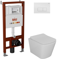 Комплект Унитаз подвесной Bauedge Bau Stil безободковый, с микролифтом + Инсталляция Bau Pro + Кнопка Hotel, белый глянец