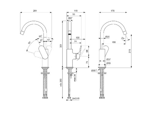 Ideal Standard Ceralife O Смеситель для раковины H21.5см., на 1 отв., с поворотным изливом, без донного клапана, цвет: хром. BE015AA