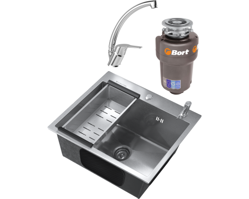 Комплект Мойка кухонная Ulgran 50х45, брашированная сталь + Смеситель MEGA Mega MG-BMK016 хром + Измельчитель Bort Titan Max Power