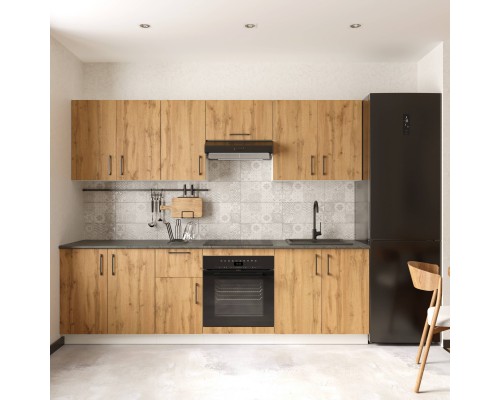 Кухонный гарнитур Domaci Болонья 260 см, фасад дуб вотан, ручка черная, столешница луна KUH-1008803