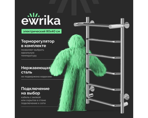 Полотенцесушитель электрический EWRIKA Сафо FT, 80х40, с полкой, хром