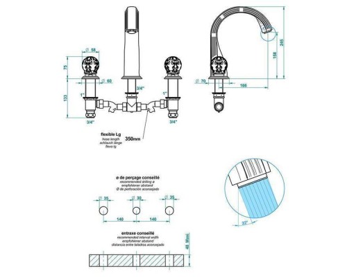 THG Flore Смеситель для ванны, 3 отв., цвет: хром/хрусталь. U5A-A02-25SG THG Flore Смеситель для ванны, 3 отв., цвет: хром/хрусталь. U5A-A02-25SG