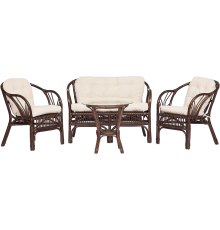 Комплект садовой мебели TetChair New Bogota (диван + 2 кресла + стол со стеклом), с подушками, ротанг, walnut