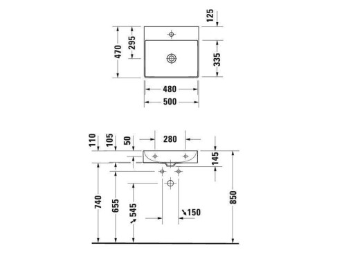 Duravit DuraSquare Раковина накладная 50х47см., с 1 отв., без перелива, с крепежом, цвет: белый. 2353500071