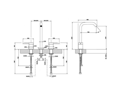 Gessi Flessa Смеситель для раковины на 3 отверстия, без донного клапана. цвет: шлифованная сталь. 54011#239
