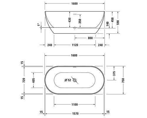 Duravit DuraKanto Ванна отдельностоящая 160x75см, овальная, цвет: белый. 700560000000000
