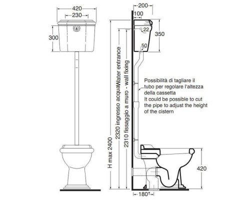 Azzurra Jubilaeum Унитаз напольный 59x40xH42 см, слив в стену, с высоким бачком, с механизмом и трубой, цвет фурнитуры: бронза, цвет: Bianco lucido. B1900TB br,  JUCSAL000000BI/(JUB400/C bi),  JUVCTPB00000BI/(JUB100/P bi)