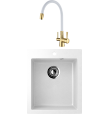 Комплект Мойка кухонная Ulgran U-404 -341 ультра-белая + Смеситель Lemark Comfort LM3075G-White с гибким изливом, золото, белый