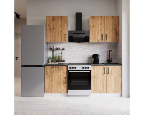 Кухонный гарнитур Domaci Болонья 200 см, фасад дуб вотан, ручка черная, столешница луна KUH-708319
