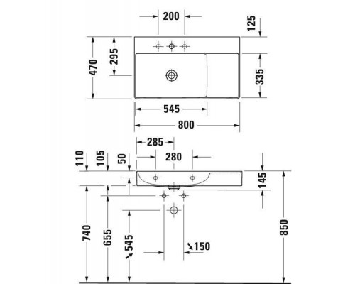 Duravit DuraSquare Раковина подвесная 80х47см, Sx, с отметками на 2 отв., с покрытием WonderGliss, без перелива, цвет: белый. 23488000401