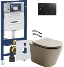 Комплект Унитаз подвесной Ceramicanova Balearica Rimless CN6000MC капучино матовый + Крепления Geberit Duofix 111.815.00.1 к стене + Шумоизоляция + Инсталляция UP 320 111.300.00.5 + Кнопка Sigma 01 115.770.DW.5 черная